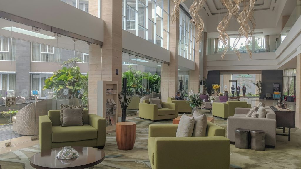 A clean and well-designed hotel lobby
