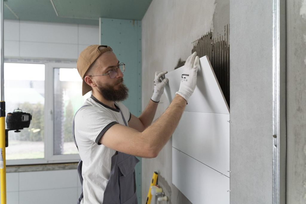 A man is fixing damage done to a wall