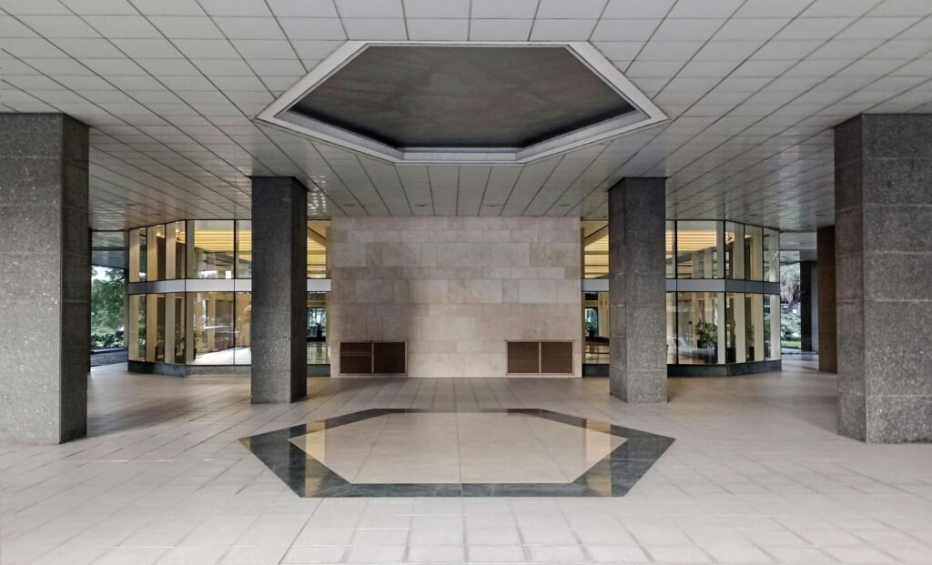 A modern office building with many tiled surfaces